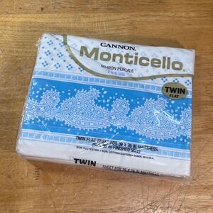 Cannon Monticello Alabar Flat Sheet Twin Blue White Vtg Paisley Percale USA